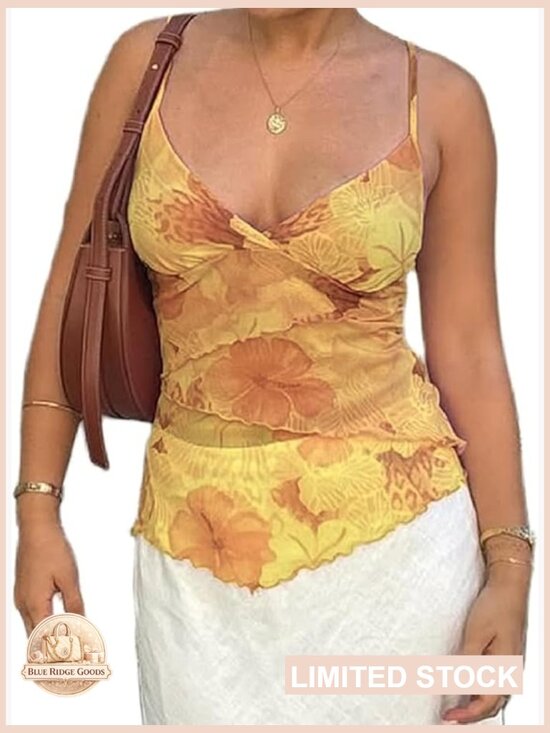 Tops - Y2K Mesh Camisole Floral Sheer Tank Top Spaghetti Strap V-Neck Summer Going Out